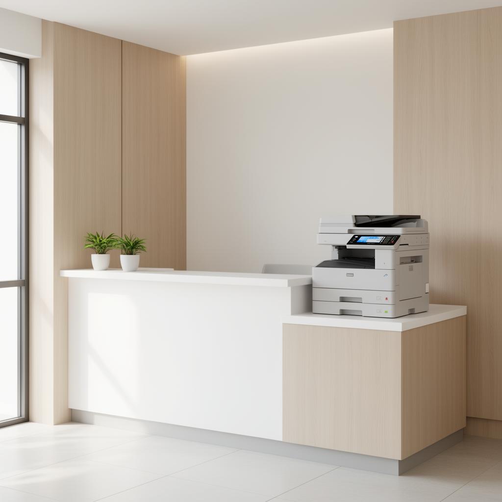 Modern nursing home reception desk with a multifunction office printer